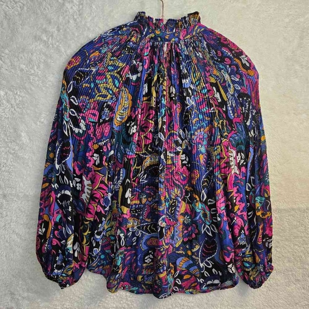 Melissa Paige Sz PS Floral Pleated Layering Blouse Ruffle Neck Flowy Sleeve #558 - Picture 3 of 10